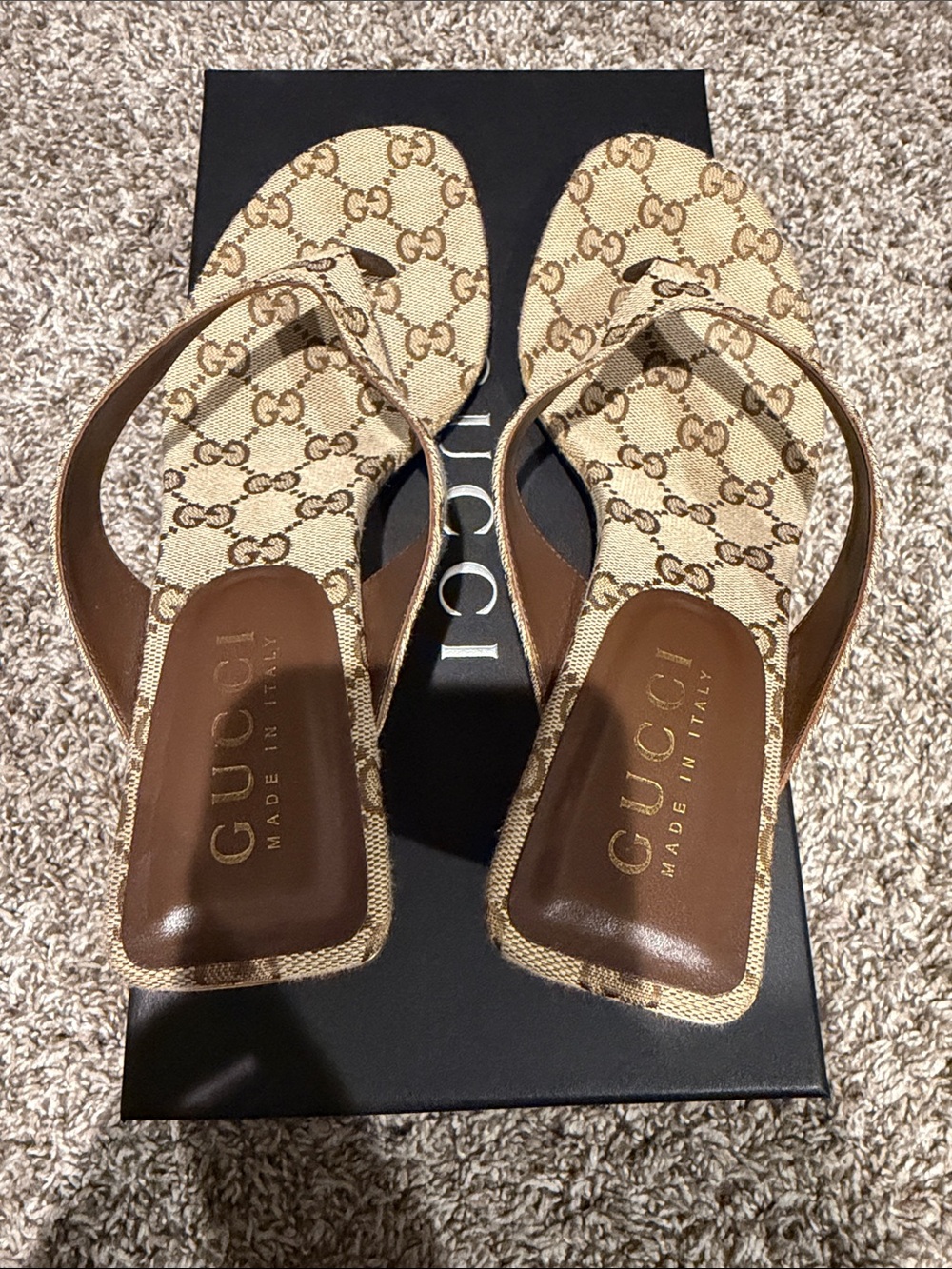 Gucci Beige Brown GG Canvas Thong Sandals